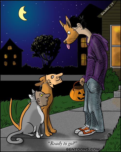 a human wearing a dog mask is looking at a cat and a dog who are each wearing human masks.