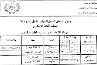 جدول امتحان الفصل الدراسي الاول الصف الثالث الإبتدائى يناير 2020 محافظة بورسعيد