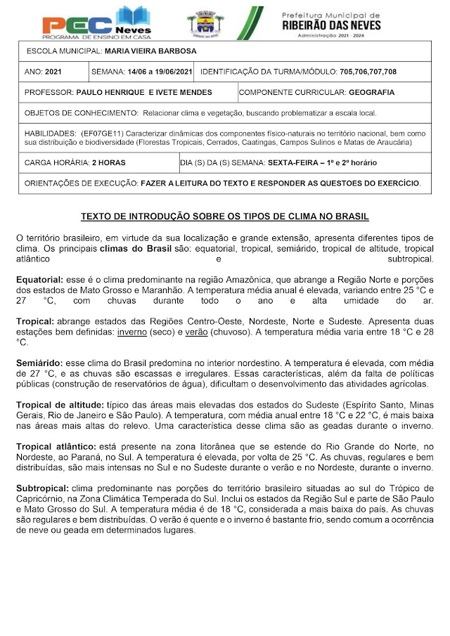 GEOGRAFIA - SEMANA 14/06/21 A 16/06/21 PROFESSORA IVETE 