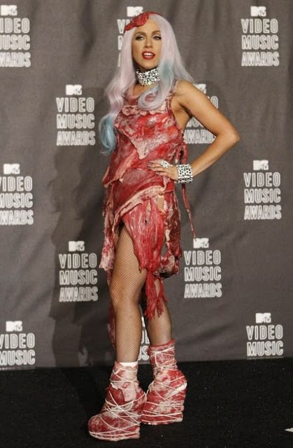 lady gaga meat dress shoes. lady gaga meat dress barbie.