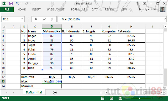 Cara menghitung nilai rata-rata, max dan min di excel