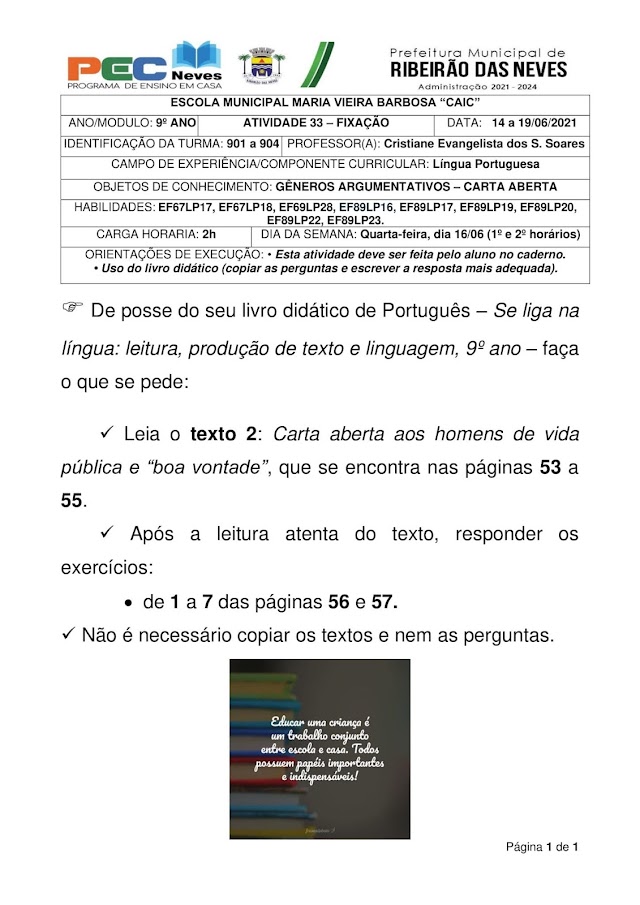 LÍNGUA PORTUGUESA - PROFª. CRISTIANE EVANGELISTA - ATIVIDADE 33 - FIXAÇÃO - 901 a 904 (14 a 19/06/2021)