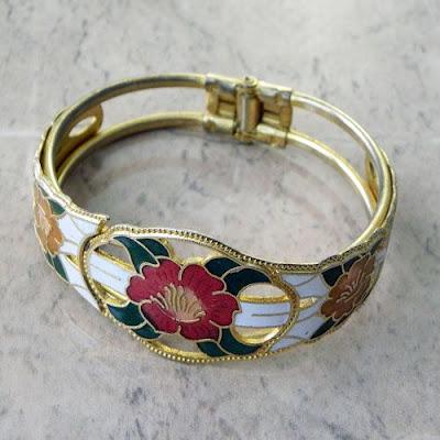 White floral Cloisonne bangle bracelet