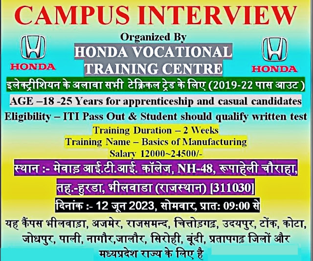 Honda Cars Campus Placement Drive 2023 in Rajasthan at Mewar ITI Collage Bhilwara, Rajasthan