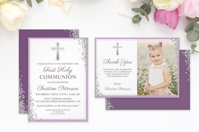  Silver Glitter Plum Purple First Holy Communion Invitation