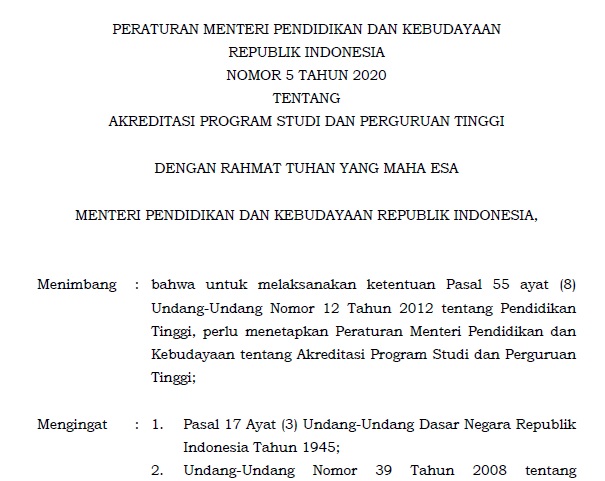 Download Permendikbud Nomor 5 Tahun 2020 Tentang Akreditasi Program Studi dan Perguruan Tinggi Format Pdf