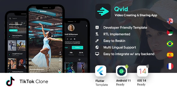 TikTok App v2.2 | Video Creating Android App Template + Short Video iOS
App Template| Flutter 2 | Qvid