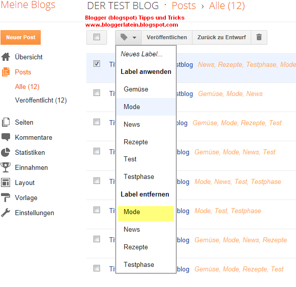Labels Kategorie löschen Blogger Blogspot
