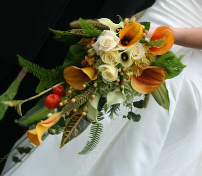 Cascading Autumn Bridal Bouquet of Phisalis Mango Calla Lilies Wheat 
