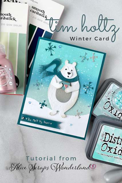 This cozy polar bear Christmas card tutorial with Tim Holtz dies and Distress Oxides will melt your heart!