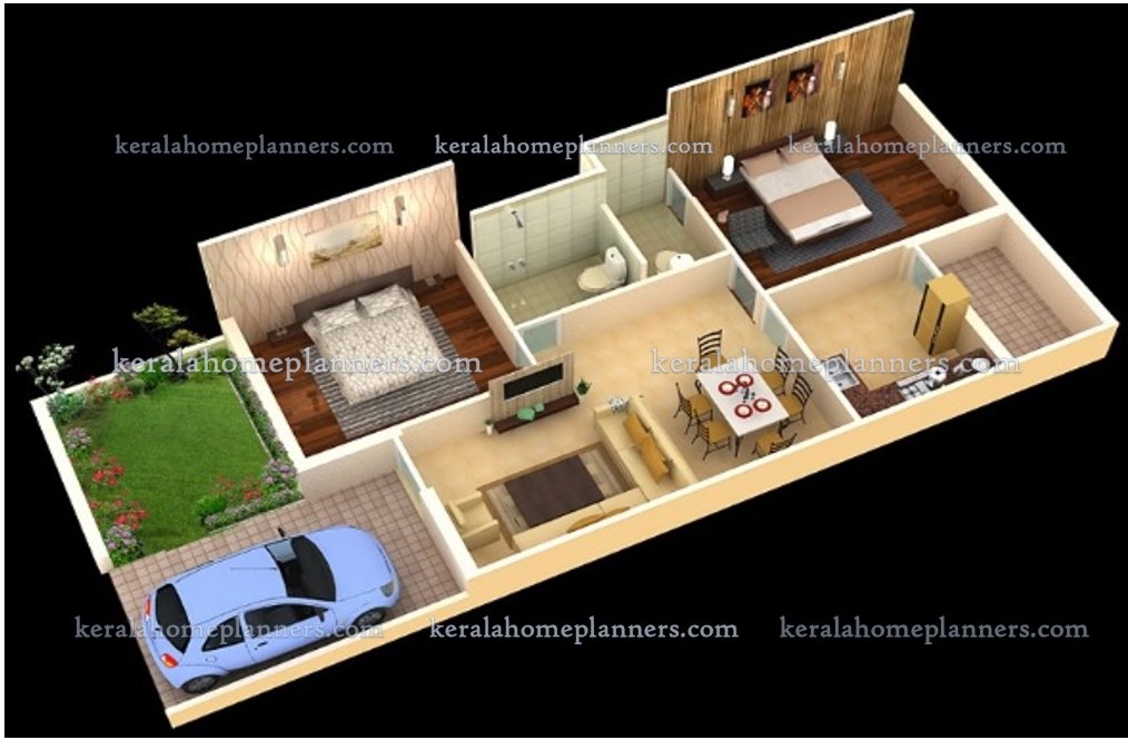 3 Simple 02 Bedroom Homes Ground Floor Plans  3D  View 