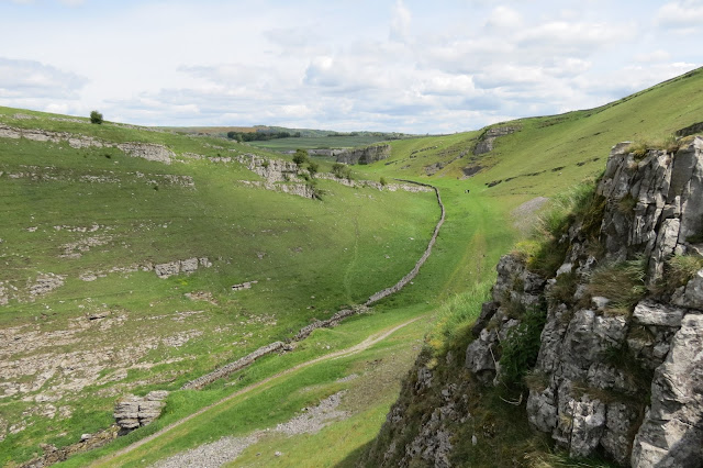 A view from high up along the dale. Limestone scars on the far side of the dale and a dry stone wall running along the valley floor.
