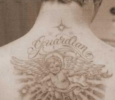 male angel tattoo. Angel tattoo on upper back.