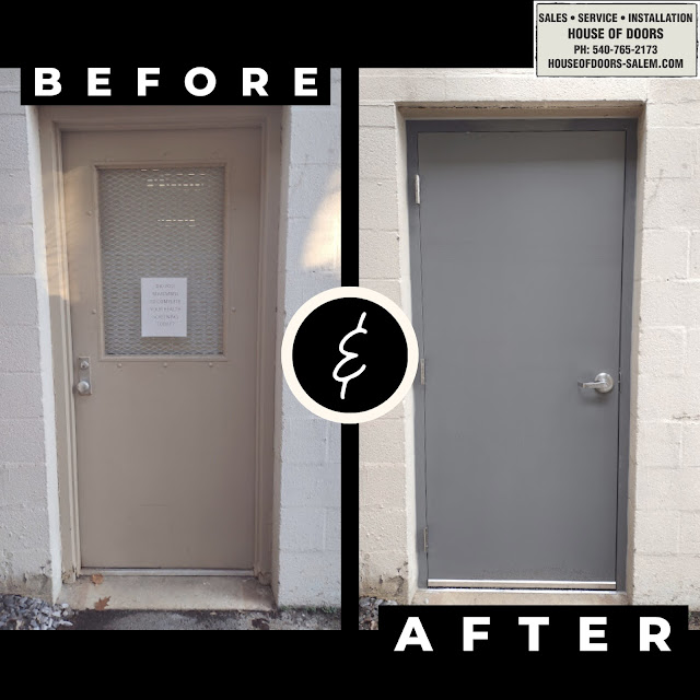 Before and After complete commercial door opening replacement by House of Doors