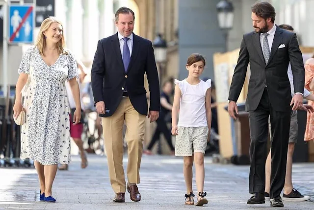 Crown Princess Stephanie wore a blue and white floral maternity and nursing dress by Seraphine. Prince Felix and Princess Amalia