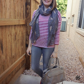awayfromtheblue Inastagram | SAHM Style spring striped tee with feather embroidered scarf skinny jeans and rebecca minkoff MAM bag