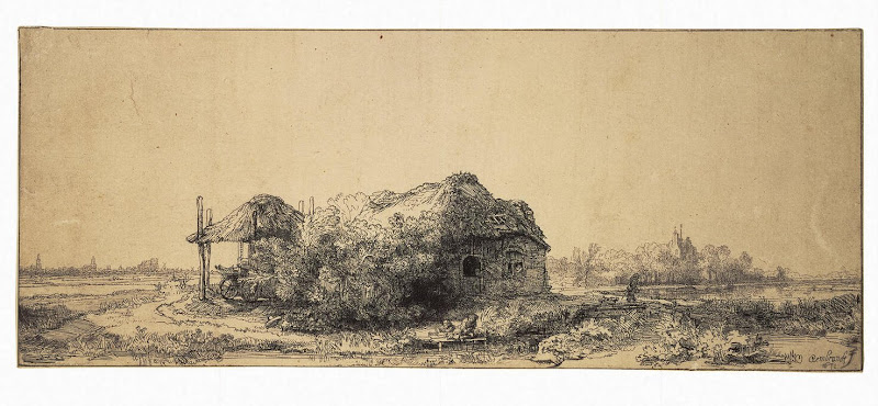 Landscape with a Hut and a Barn by Rembrandt Harmenszoon van Rijn - Landscape Art Prints from Hermitage Museum