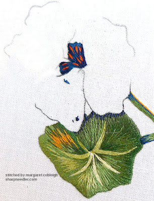 Blue needlepainged embroidery centre on the main nasturtium flower. (Catherine Laurencon Capucines (Inspirations))