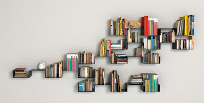 Bookshelves with root-like models that spread everywhere