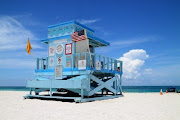 One of a score of art deco hotels. And life guard stations (beautiful colorful scene of fancy lifeguard hut on north miami beach on sunny day)