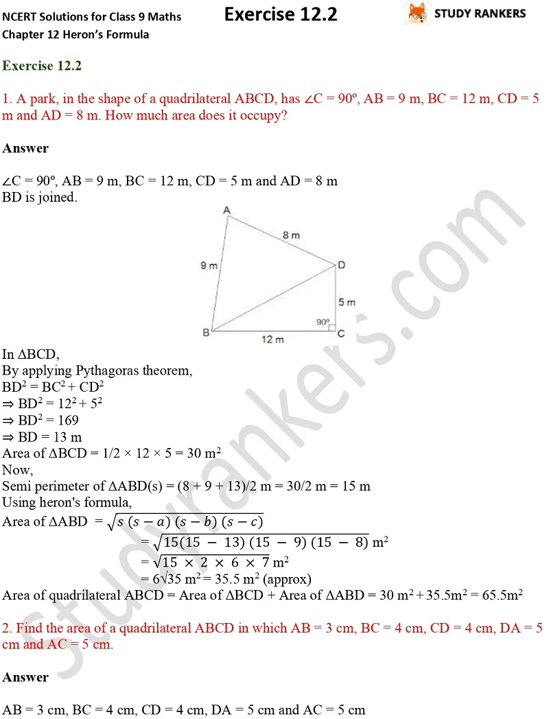 NCERT Solutions for Class 9 Maths Chapter 12 Heron's Formula Exercise 12.2 Part 1