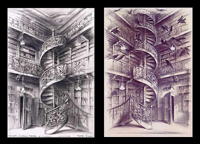 2 spiral staircases in a library