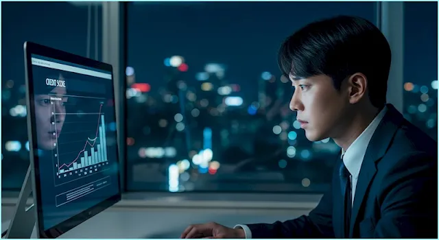 늦은 밤 어두운 사무실에서 모니터에 표시된 신용점수 하락 그래프를 보며 불안한 표정을 짓고 있는 20대 후반의 한국인 남성 회사원.