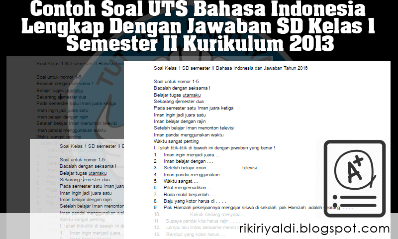 Contoh Soal UTS Bahasa Indonesia Lengkap Dengan Jawaban SD 