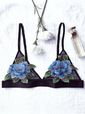 Floral Applique Mesh Plunge Bra - Black