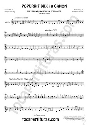  Partitura de Violín Popurrí Mix 18 Aserrín Aserrán Infantil, Cantiga nº 100 y Waltzing Matilda Sheet Music for Violin Music Scores 