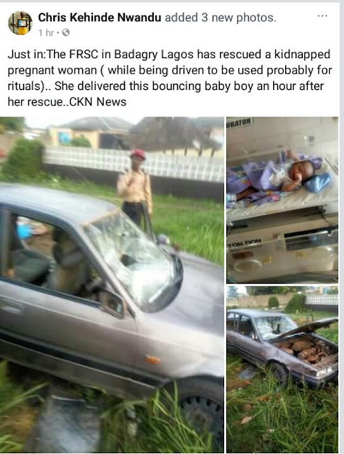 Photos: Pregnant woman gives birth an hour after being rescued from suspected kidnappers by FRSC officials in Badagry