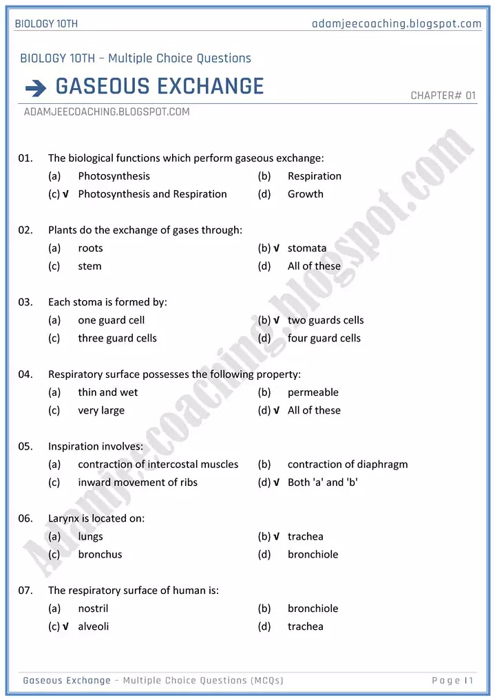 gaseous-exchange-mcqs-biology-10th