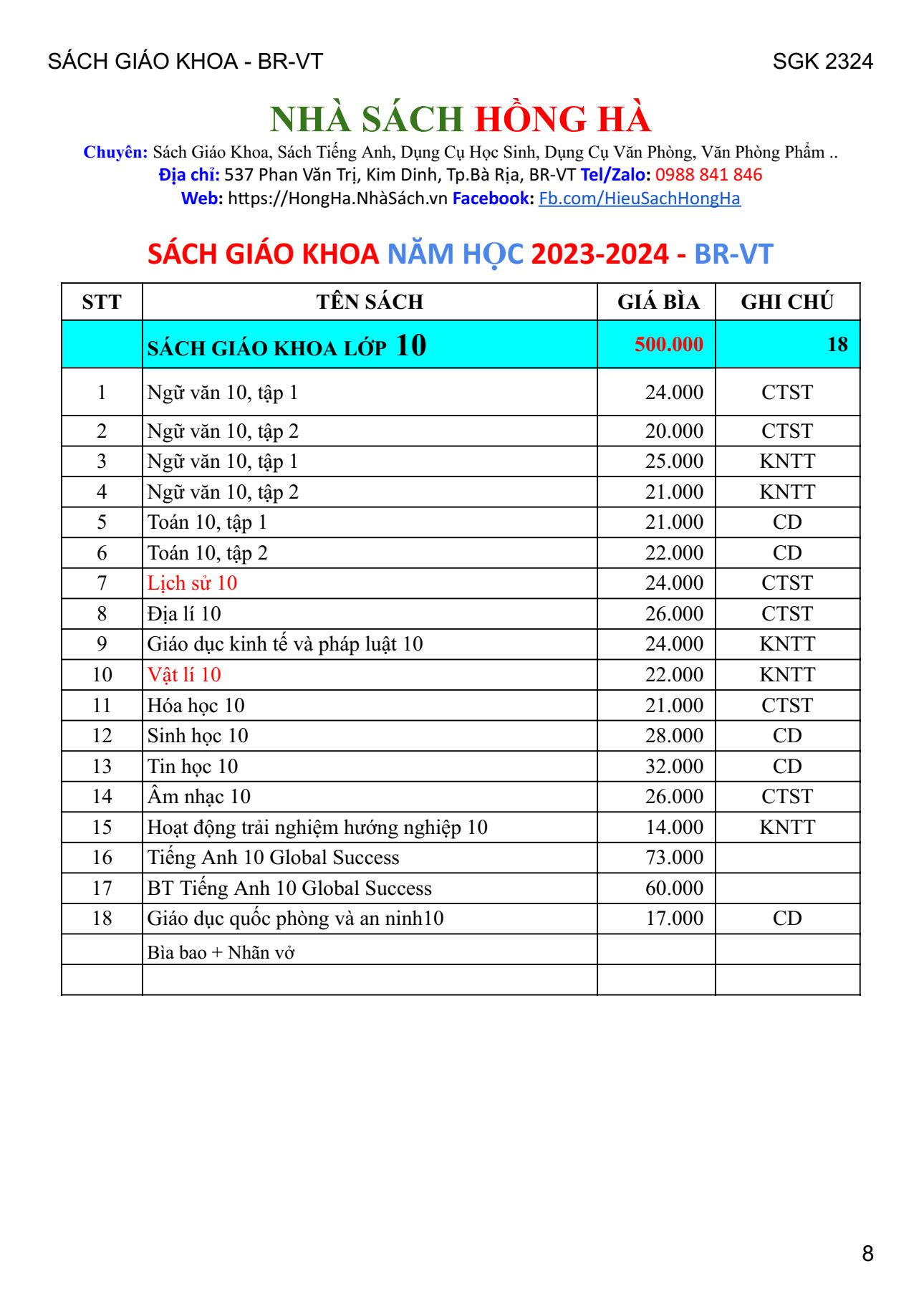 Bộ Sách Giáo Khoa Lớp 10 - Năm Học 2023 - 2024 Tại BR-VT