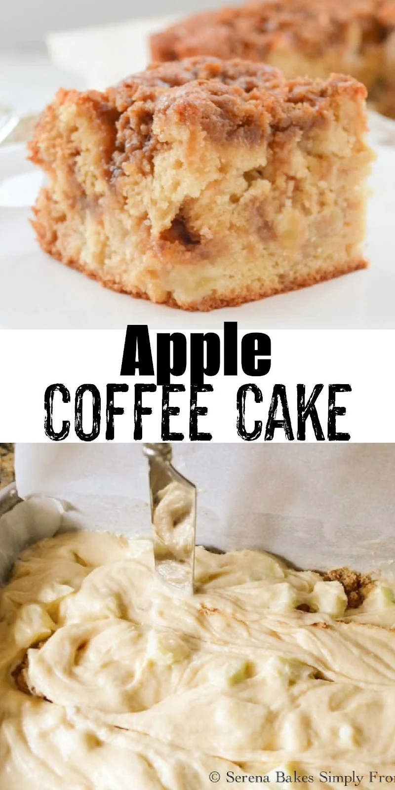 2 photos. The top photo is of a slice of Apple Coffee Cake on a white plate. The bottom photo is of Apple Coffee Cake batter in a pan being swirled with a knife. There is a white banner between the two photos with black text Apple Coffee Cake.