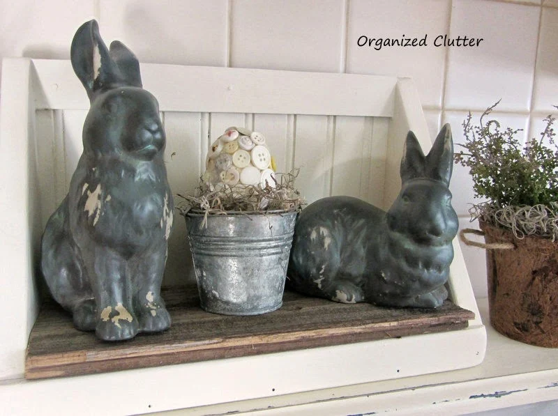 Spring Bunnies and Peat Pot Vignette www.organizedclutterqueen.blogspot.com