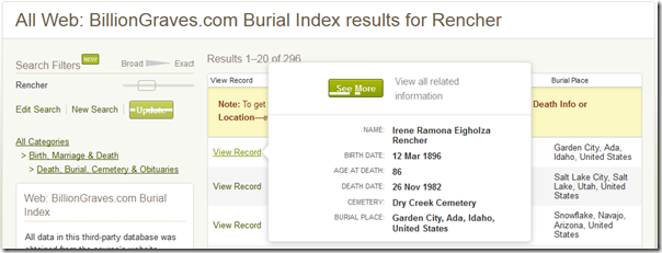 Ancestry.com search results for BillionGraves database