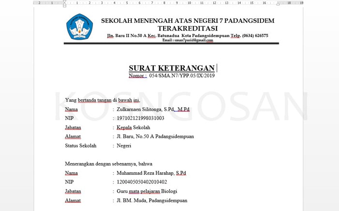 Contoh Surat Keterangan Pernah Mengajar Guru Format Doc Kosngosan