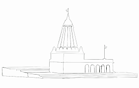 black and white line drawing of small Hindu temple