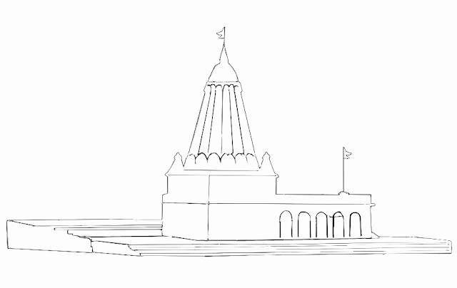 black and white line drawing of small Hindu temple