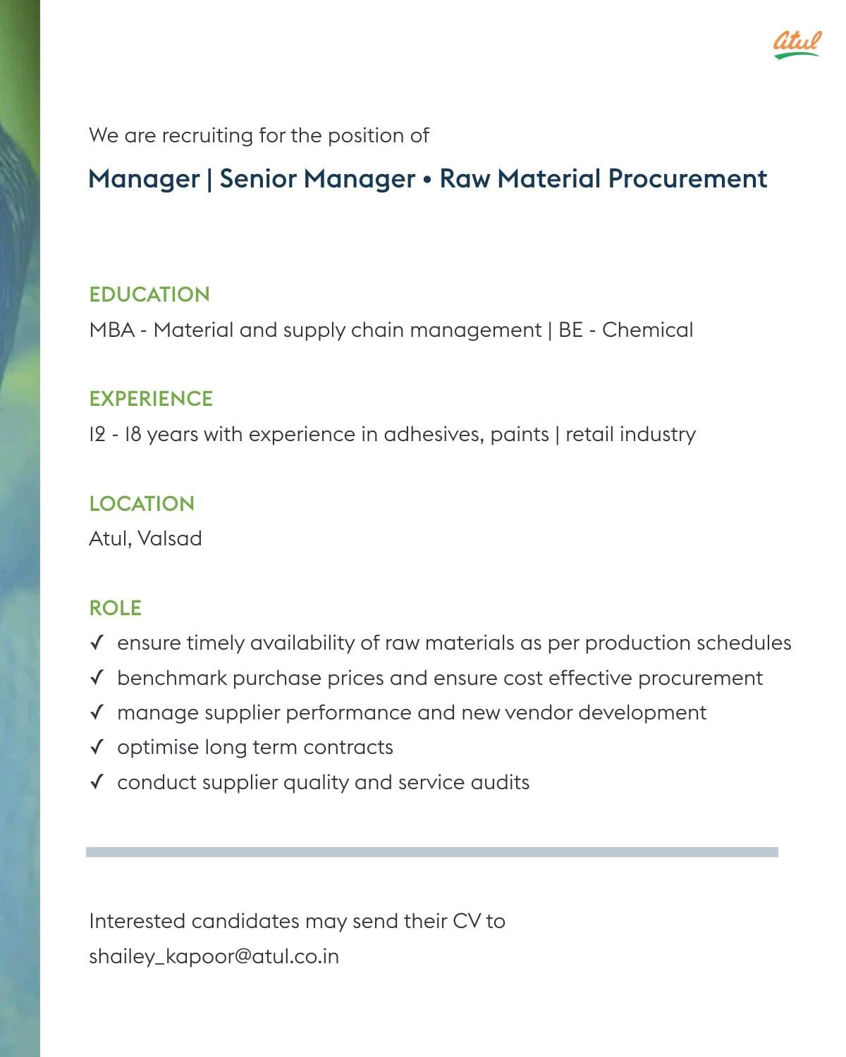 Job Available's for Atul Ltd Job Vacancy for MBA - Material/ Supply Chain Management/ BE Chemical