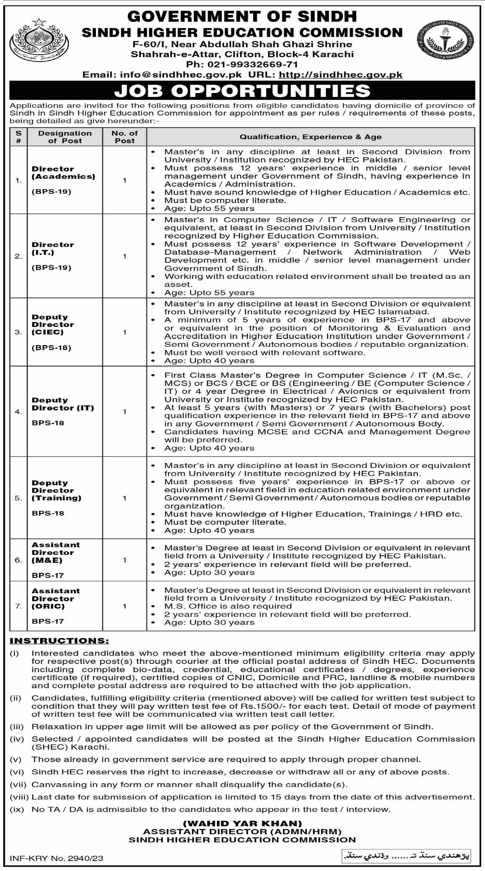 Sindh Higher Education Commission SHEC Jobs