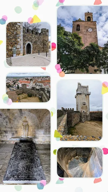 Collage of 6 pictures from Castelo de Beja including views of the castle wall and tower, the spiral staircase, and a tomb