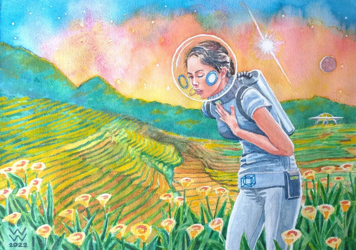 Watercolour of a woman astronaut walking through a bank of yellow flowers in an alien landscape, by William Walkington in 2022.