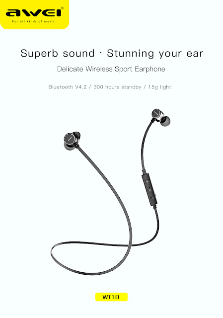 Awei WT10 Wireless Bluetooth Earphone Magnetic Sports Stereo Headphone with Mic for iPhone XS Max 