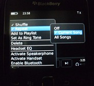 Menu untuk mengulang sebuah lagu di BlackBerry