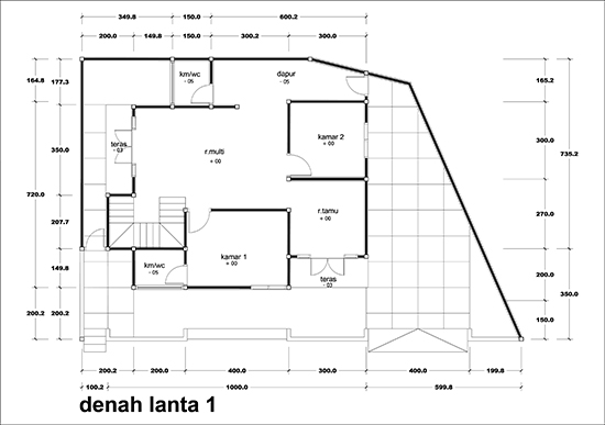 Denah rumah minimalis dua lantai luas bangunan 200m2 4 kamar tidur