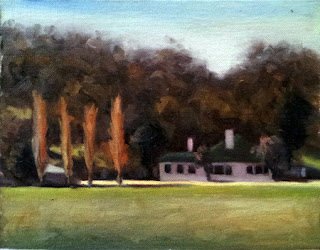 Oil painting of a white house with a green roof with four poplars beside.