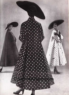 1949, traina-norell, polka dot swing coat, richard avedon, john frederics hats