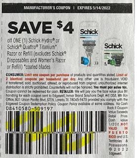 USE $4.00/1 Schick Hydro or Quattro Titanium Razor or Refill Coupon from "SMARTSOURCE" insert week of 4/24/22.