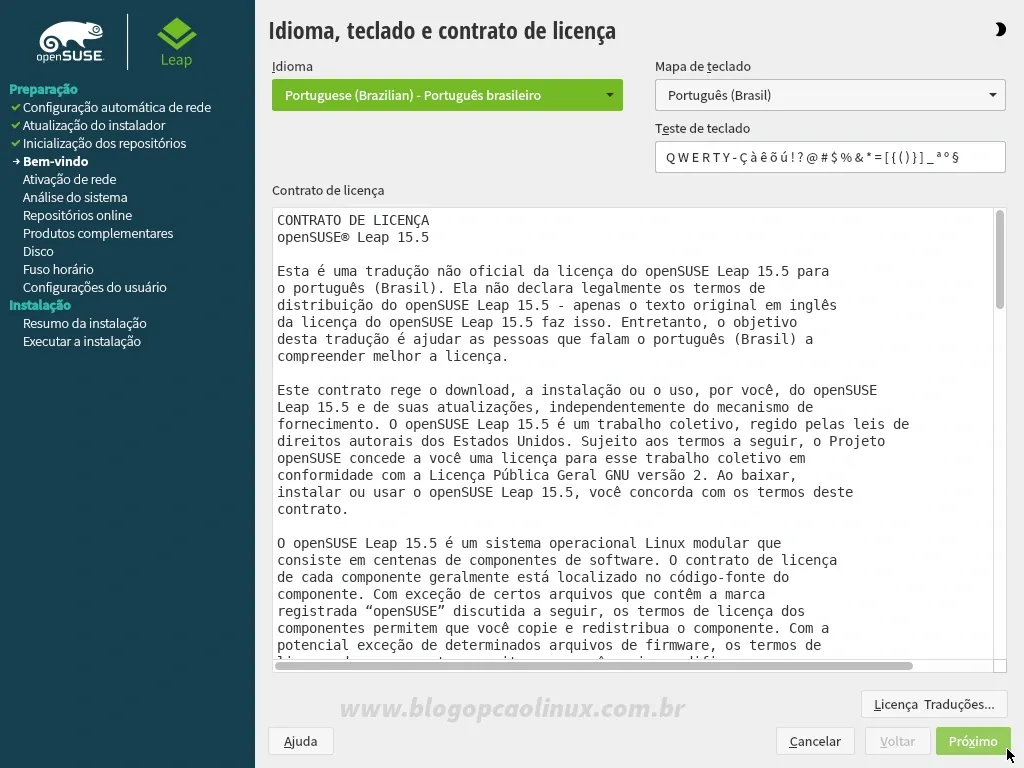 Configure o seu Idioma, o Teclado e leia os Termos do Contrato do openSUSE Leap 15.5